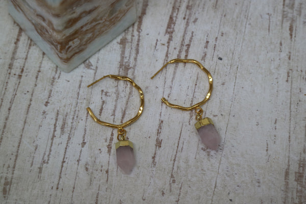 Load image into Gallery viewer, Rose quartz crystal point gold earrings
