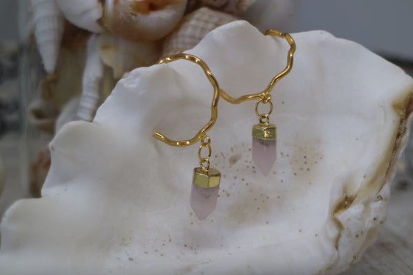 Load image into Gallery viewer, Rose quartz crystal point gold earrings
