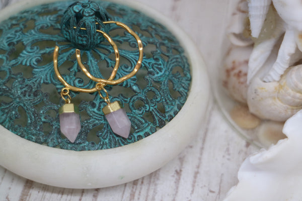 Load image into Gallery viewer, Rose quartz crystal point gold earrings
