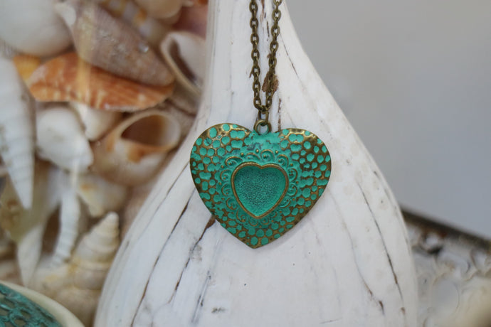 Green Patina Copper Vintage Bohemian Heart Necklace