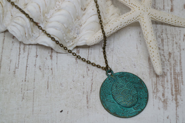 Load image into Gallery viewer, Green Patina Bronze Turtle Necklace
