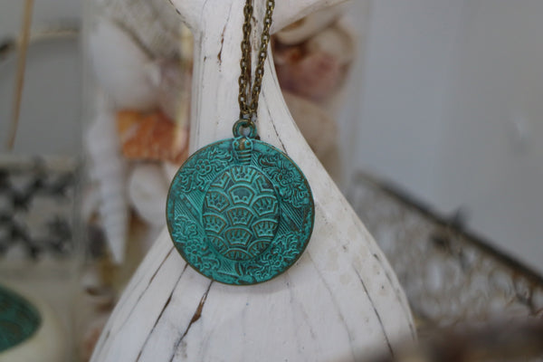 Load image into Gallery viewer, Green Patina Bronze Turtle Necklace
