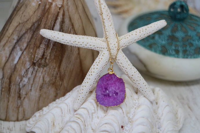 Pink Geode Druzy Crystal Gold Necklace