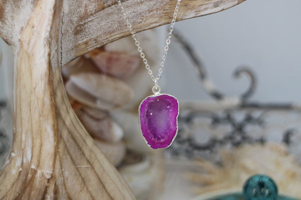 Load image into Gallery viewer, Pink Geode Druzy Crystal Silver Necklace
