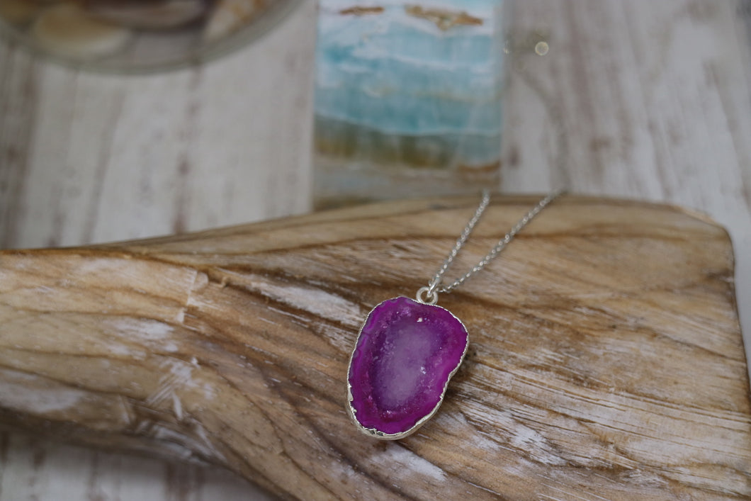 Pink Geode Druzy Crystal Silver Necklace