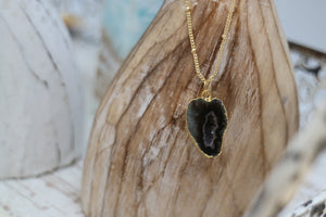 Black Geode Druzy Crystal Gold Necklace