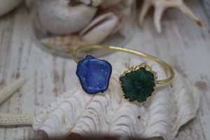 Green and blue quartz and druzy agate crystal gold cuff bangle