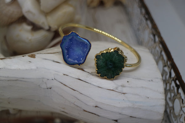 Load image into Gallery viewer, Green and blue quartz and druzy agate crystal gold cuff bangle
