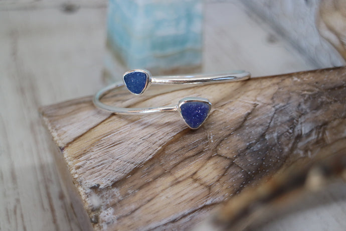 Blue Druzy Agate on Silver Bohemian Adjustable Bangle