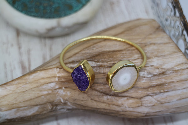 Load image into Gallery viewer, White and purple quartz and druzy agate crystal gold cuff bangle
