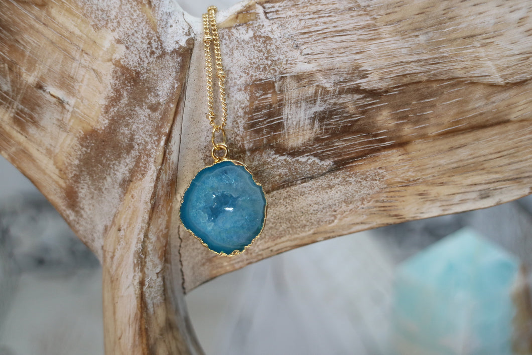 Blue Geode Druzy Agate Crystal Gold Necklace
