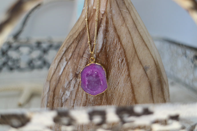 Pink Geode Druzy Agate Crystal Gold Necklace