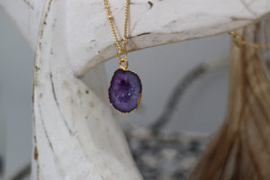 Purple Geode Druzy Agate Crystal Gold Necklace