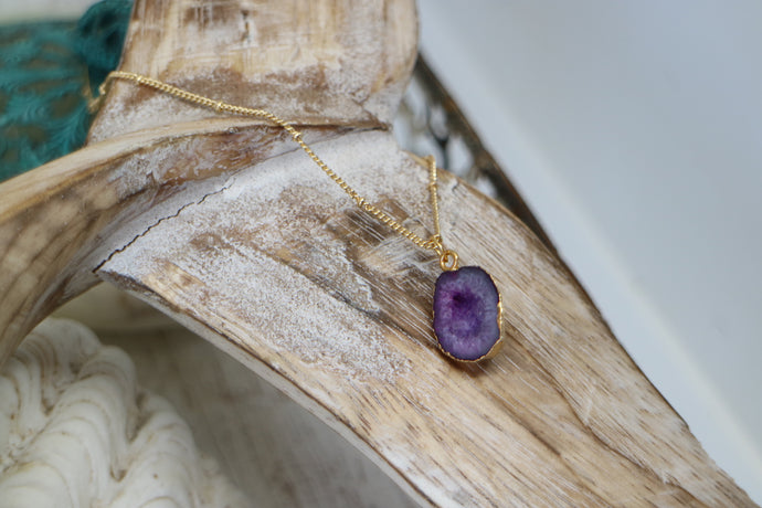 Purple Geode Druzy Agate Crystal Gold Necklace