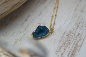 Blue Geode Druzy Agate Crystal Gold Necklace