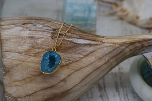 Blue Geode Druzy Agate Crystal Gold Necklace