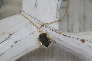 Black Geode Druzy Agate Crystal Gold Necklace