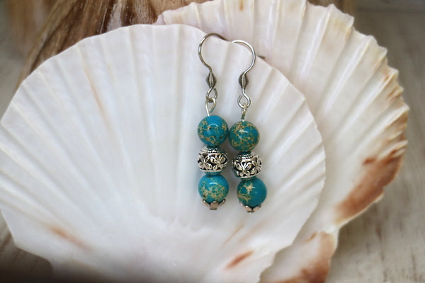 Load image into Gallery viewer, Blue Sea Jasper bohemian silver earrings
