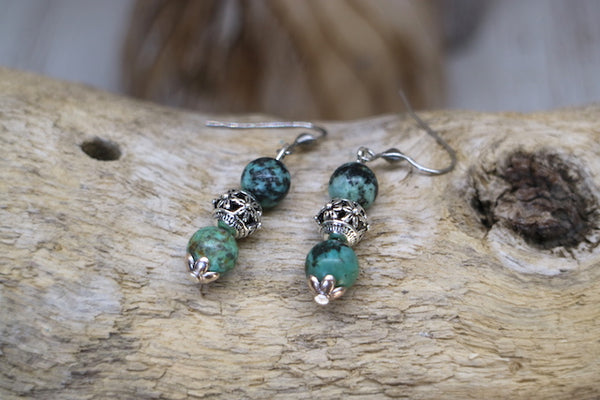 Load image into Gallery viewer, African Turquoise bohemian silver earrings
