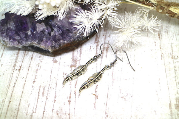 Load image into Gallery viewer, Silver bohemian feather earrings

