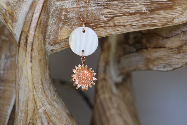 Mother of Pearl Shell Rose Gold Necklace with Rose Gold Sunflower