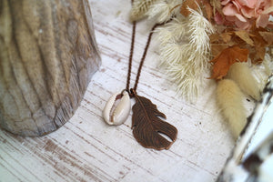 Bohemian copper feather and cowrie shell necklace