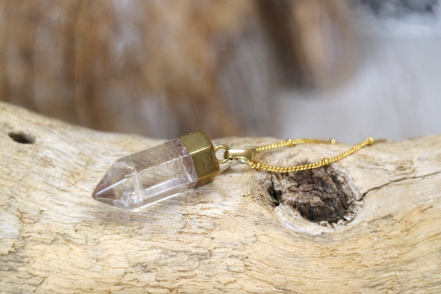 Clear quartz point gold bohemian necklace