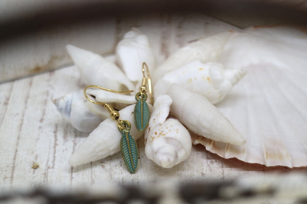 Load image into Gallery viewer, Green patina and gold bohemian leaf earrings
