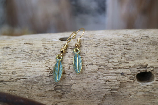 Load image into Gallery viewer, Green patina and gold bohemian leaf earrings
