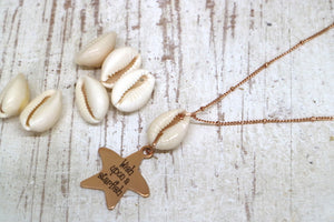 Rose gold cowrie shell and wish upon a starfish pendant necklace