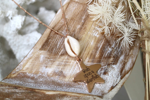 Load image into Gallery viewer, Rose gold cowrie shell and wish upon a starfish pendant necklace

