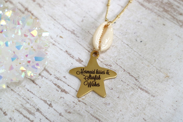 Load image into Gallery viewer, Gold cowrie shell and mermaid kisses &amp; starfish wishes starfish pendant necklace
