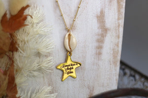 Gold cowrie shell and mermaid kisses & starfish wishes starfish pendant necklace