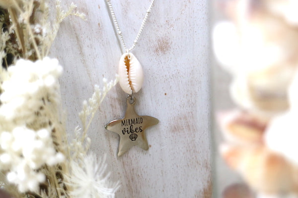 Load image into Gallery viewer, Silver cowrie shell and mermaid vibes starfish pendant necklace
