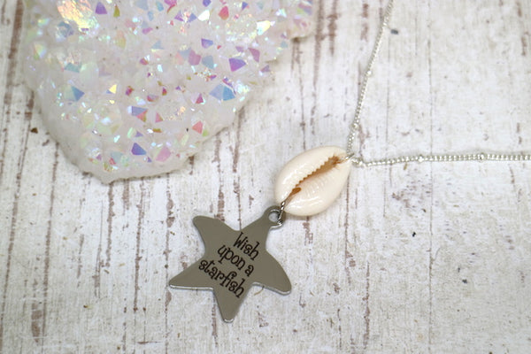 Load image into Gallery viewer, Silver cowrie shell and wish upon a starfish pendant necklace

