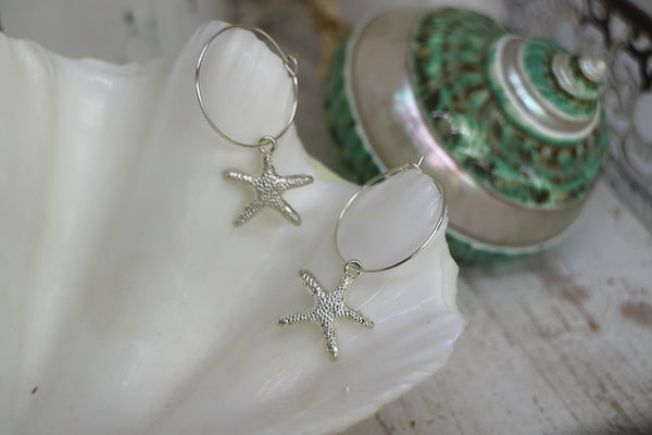 Load image into Gallery viewer, Silver starfish hoop earrings
