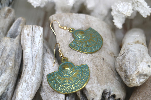 Load image into Gallery viewer, Blue Patina Bohemian Antique Copper Gold Earrings
