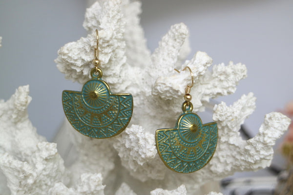 Load image into Gallery viewer, Blue Patina Bohemian Antique Copper Gold Earrings
