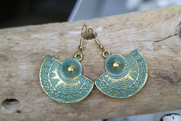 Load image into Gallery viewer, Blue Patina Bohemian Antique Copper Gold Earrings
