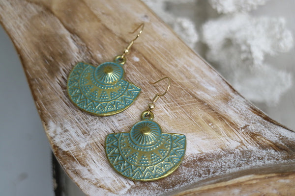 Load image into Gallery viewer, Blue Patina Bohemian Antique Copper Gold Earrings
