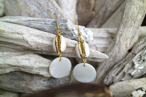 Gold pearl and cowrie shell earrings
