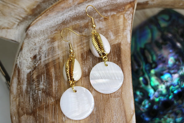Load image into Gallery viewer, Gold pearl and cowrie shell earrings
