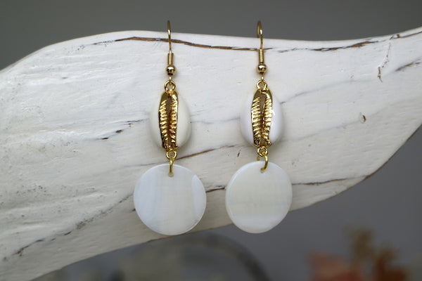 Load image into Gallery viewer, Gold pearl and cowrie shell earrings

