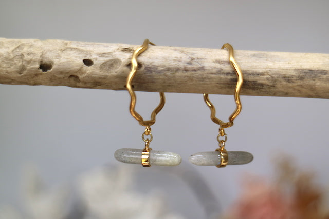Labradorite gemstone gold hoop earrings