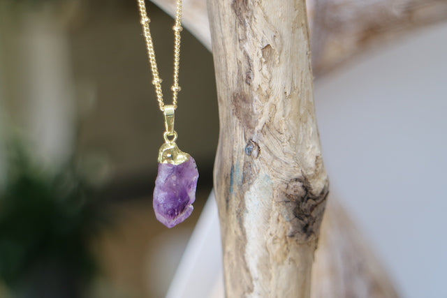 Raw amethyst gemstone gold necklace