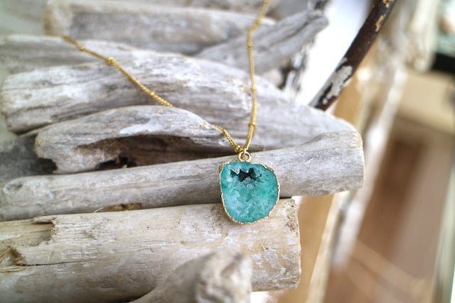 Green Geode Druzy Agate Crystal Gold Necklace