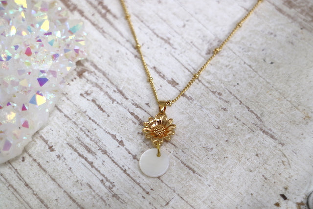 Childrens Gold Sunflower and Pearl Shell necklace