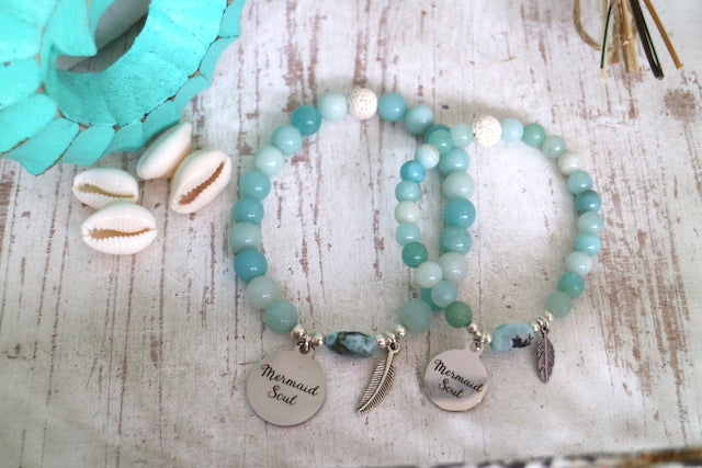 Mother and daugher Amazonite and larimar gemstone bead bracelet set with silver mermaid soul and feather charms