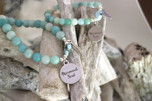Mother and daugher Amazonite and larimar gemstone bead bracelet set with silver mermaid soul and feather charms