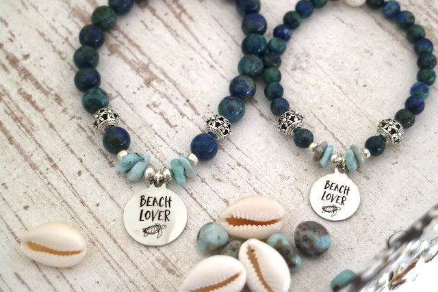 Mother and daughter lapis lazuli and larimar bead bracelet with silver beach charm